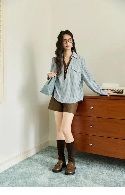 Peach Skin Velvet Stripe Shirt for Women Autumn 2025 Double Layered Collar Contrasting Color Shirt Commute Top MXE47C2408