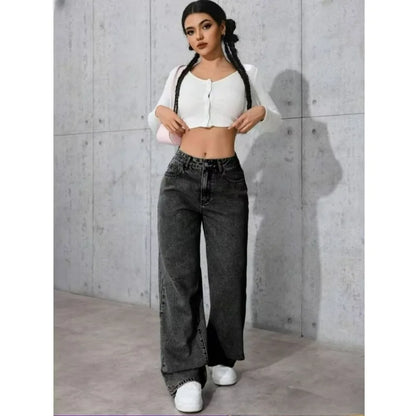 Women's Classic Wide Leg Stretch Jeans with Button  Soft Comfortable Autumn Winter Vintage Wash Stylish Jeans High Street Pants