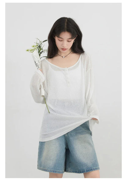 Women T-Shirts Casual Loose New Slightly Transparent O Neck Female Top Thin Sun Protection Tees Spring Summer 2025