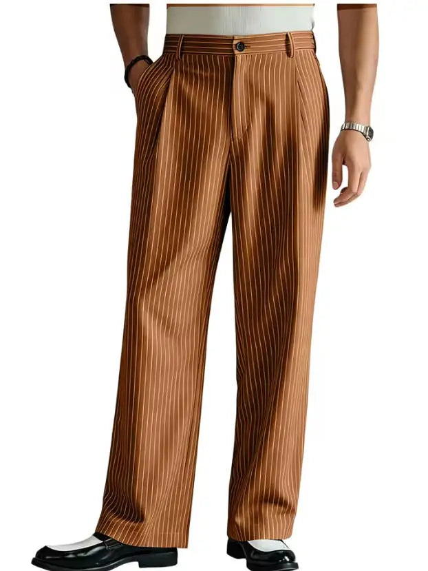Vintage Men Pants Thin Slacks Business Striped Trousers High Waist Pleated Wide Leg Loose Straight Casual Office Wedding