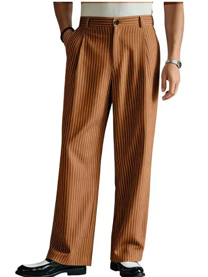 Vintage Men Pants Thin Slacks Business Striped Trousers High Waist Pleated Wide Leg Loose Straight Casual Office Wedding