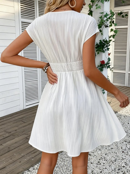 French Lace V-neck Fitted Dress with Waistline and Short Puff Sleeves. Striped Texture Short Skirt with Vertical Lines. Beach-st