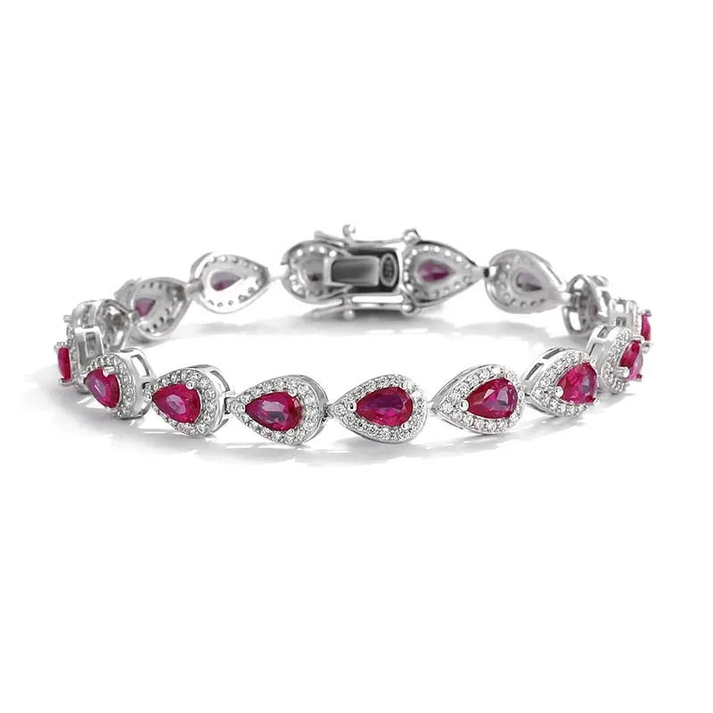 Trendy S925 Sterling Silver Full Ruby Tennis Bracelet for Women Girls Pear Cut Gemstones Link Bracelets Party Fine Jewelry