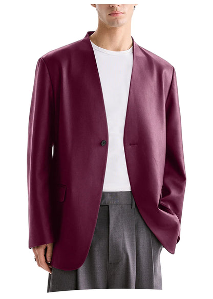 Luxury Men's PU Leather Blazer Collarless Jacket Loose 1 Button Elegant Solid Color Coat for Party Wedding Office Daily Wear