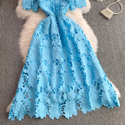 Ele Summer Lace round Ne Dr Women's High Waist Slimming Long Skirt Korean Sle Commute High Softn Regular Sve