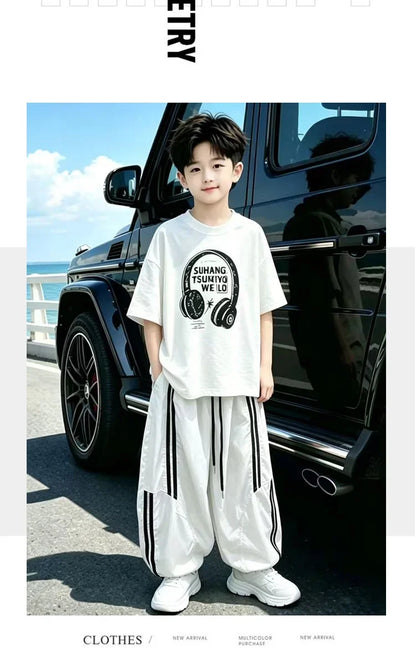 Street Style Children Luxury Summer Outfit Top And Bottom Set for Teen Boys T-shirt Pants Suit Kids Fashion Streetwear Clothes