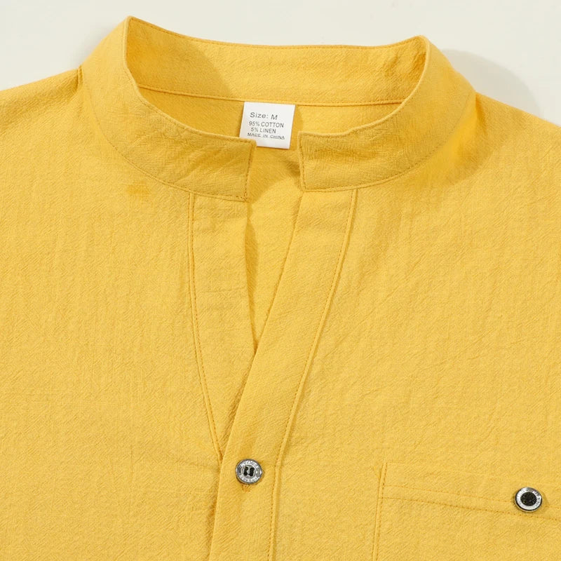 Men Mandarin Collar Long Sleeve Henley Cotton Linen Shirt Chest Pocket Breathable Beach Travel Daily Casual V Neck Top
