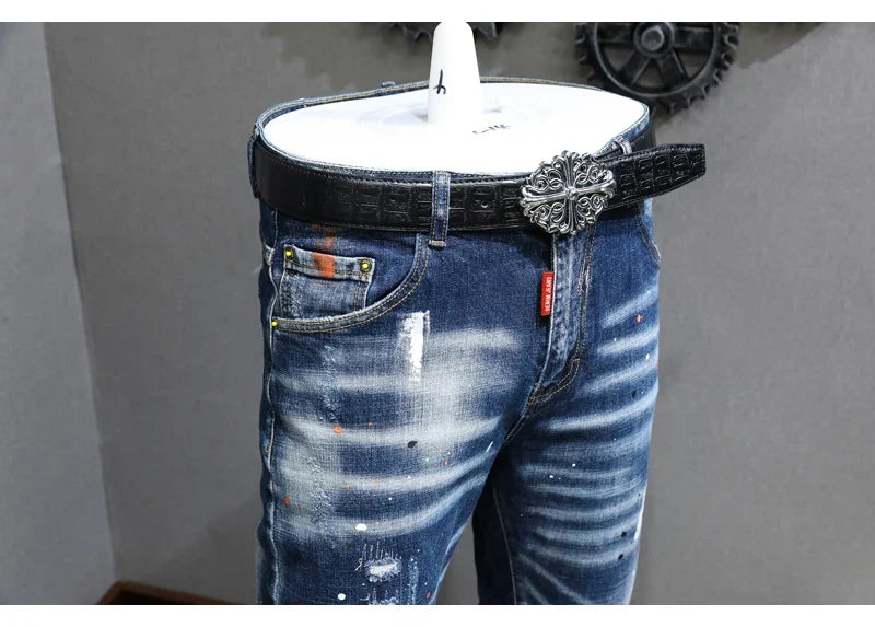 Fashion Designer Men Jeans Retro Blue Stretch Slim Fit Painted Ripped Jeans Men Korean Style Vintage Casual Denim Pants Hombre