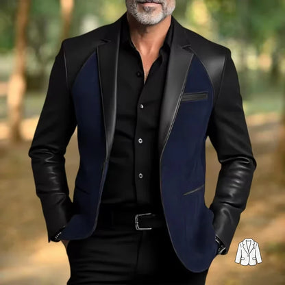 Retro Men's Faux Suede Jacket with PU Leather Collar & Shoulder 2 Buttons Two-Tone Blazer Contrast Trim Coat