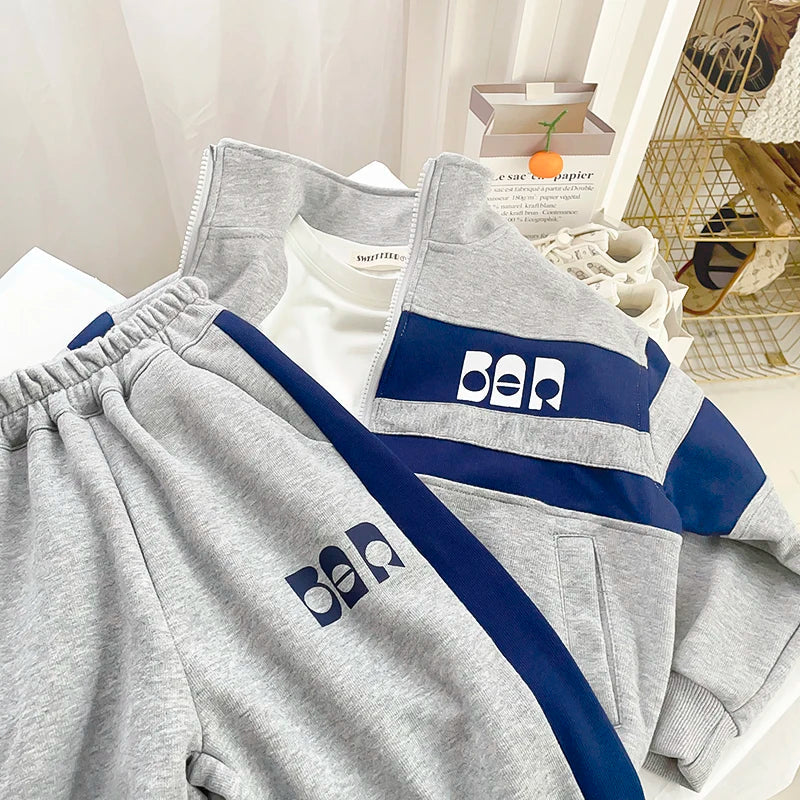 Boys Contrast Alphabet Full Zip Sweatshirt Jacket+Sweatpant Workout Set School Kids 2PCS Tracksuit Children Jogger Outfit 5-16Yr