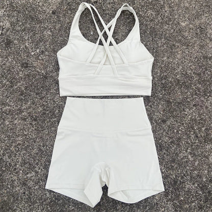 Yoga Shorts Set Gym Sports Set Women Workout Clothes 2 Piece Fitness Suit Cross Straps Bra High Waist Shorts Running Tracksuit