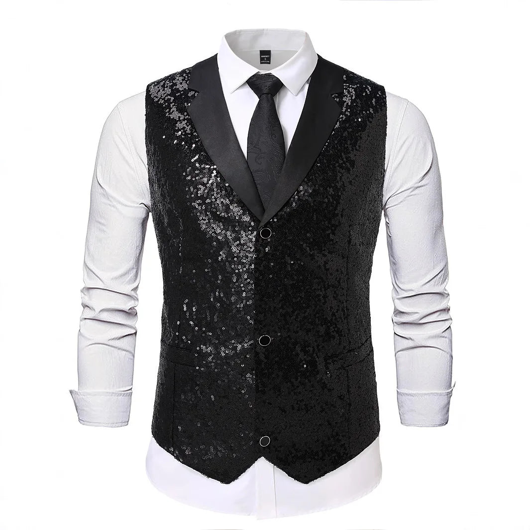 2026 New Black Men's Shiny Sequin Suit Collar Sleeveless Vest, Wedding/Party/Stage Performance, Gold or Silver Optional