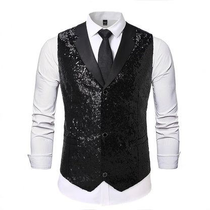 2026 New Black Men's Shiny Sequin Suit Collar Sleeveless Vest, Wedding/Party/Stage Performance, Gold or Silver Optional