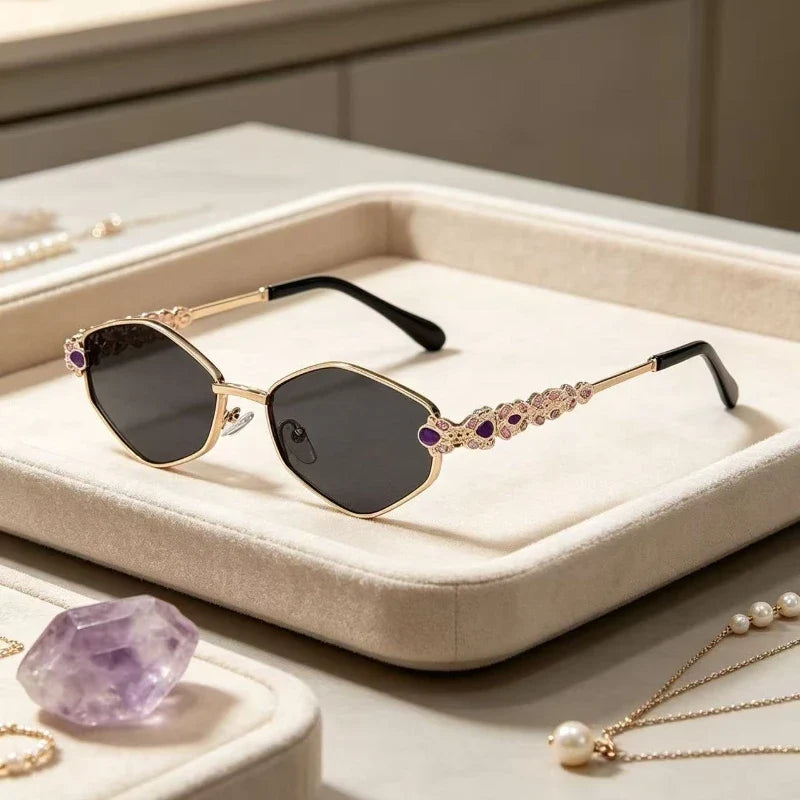 Retro Geometric Polygon Metal Frame Sunglasses with Colorful Enamel Temple Arms UV400 Trendy Women's Fashion Shades Gafas De Sol