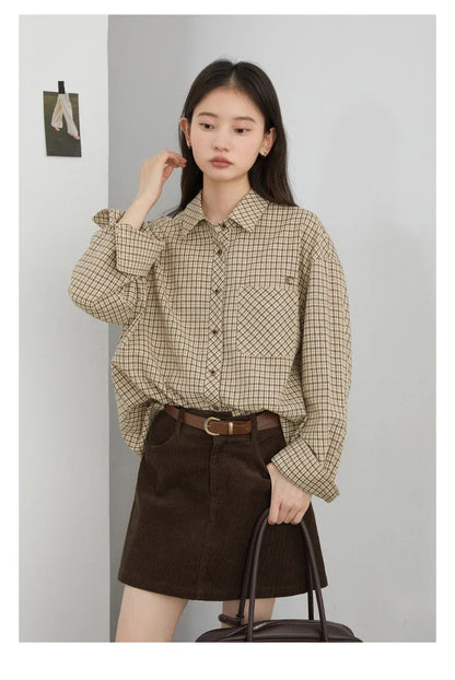 Women Shirt Loose Casual Single-breasted New Retro Contrast Plaid Embroidered Blouses Female Top Autumn Winter 2026