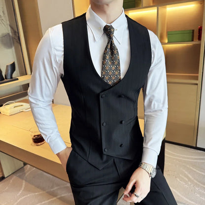 British Style Double-breasted Striped Vest With Pants Men Business Slim Fit Suit Vest 2 pieces Formal Groom Wedding Dress Vest