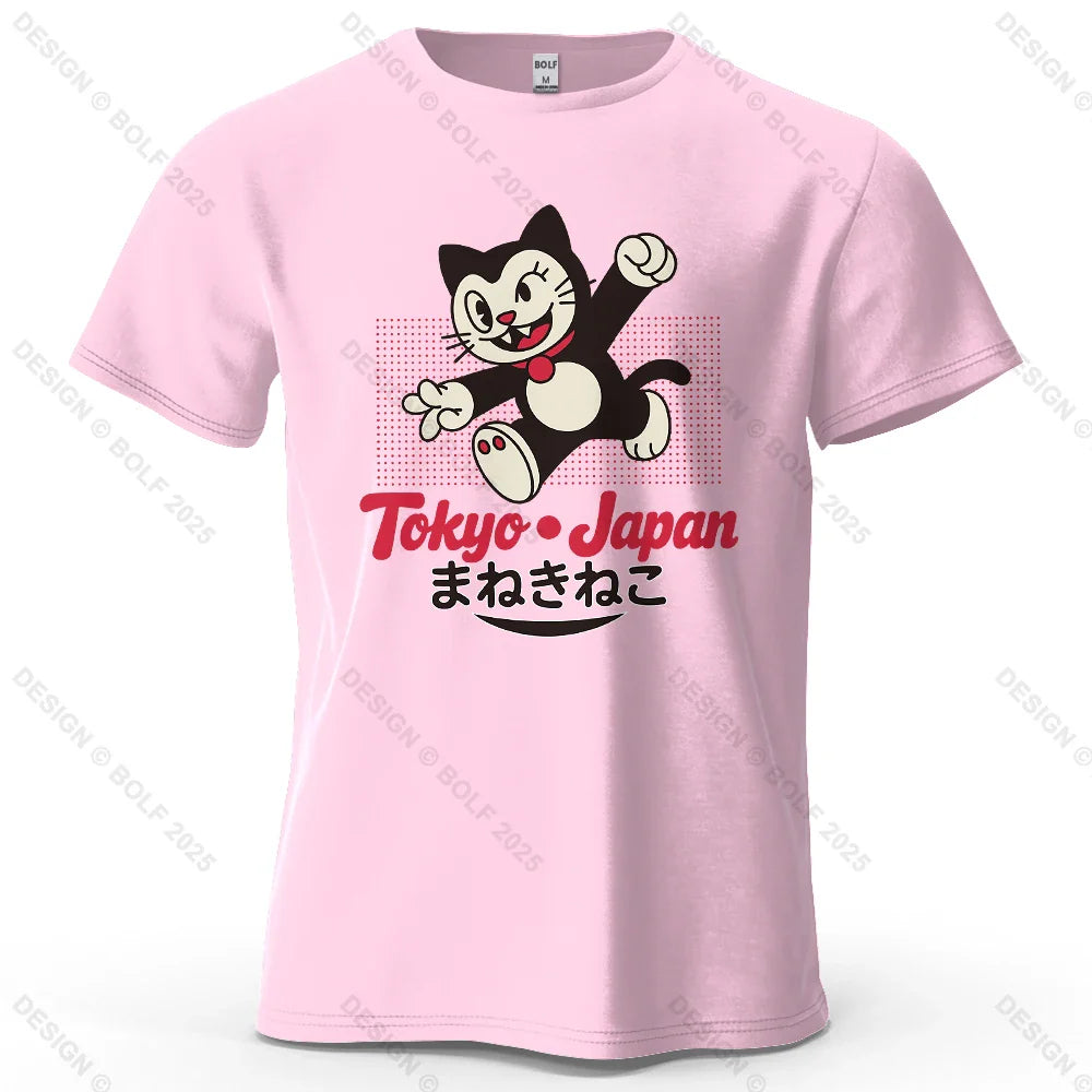Tokyo Japan Maneki Neko Printed Men's T-Shirt 100% Cotton Oversized Cute Graphic Tees for Women Tops Tees Streetwear