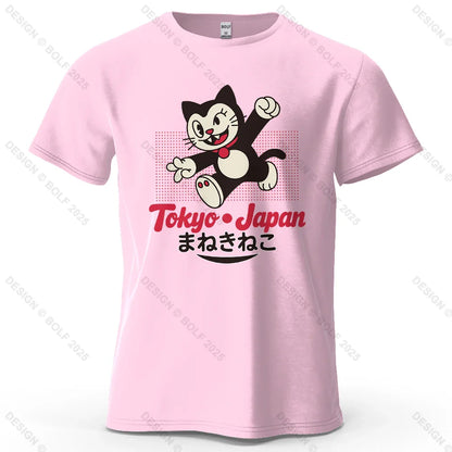 Tokyo Japan Maneki Neko Printed Men's T-Shirt 100% Cotton Oversized Cute Graphic Tees for Women Tops Tees Streetwear