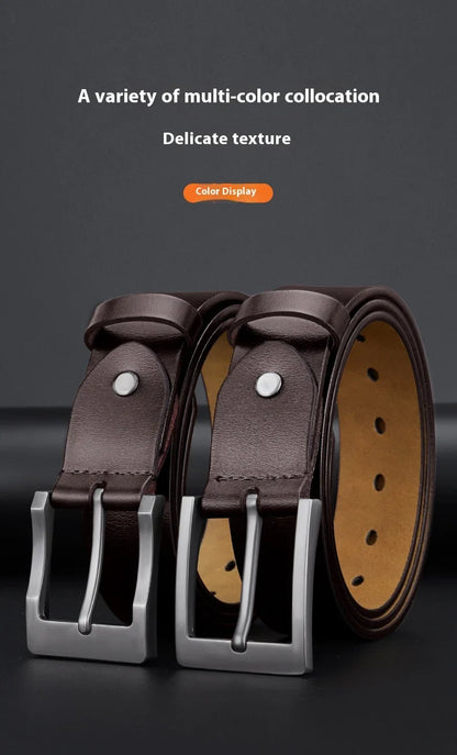 Men's Genuine Leather Belt - High-Quality Cowhide Leather Pin Buckle Belt with Alloy Clasp, Premium Men's Cowboy Belt