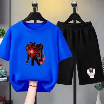 Skibidi Toilet Children T-shirt+bottom wear Age 3-12 Girls boy Set black 2pcs Kids Set Print Summer Anime Toilet Monitor Tshirt