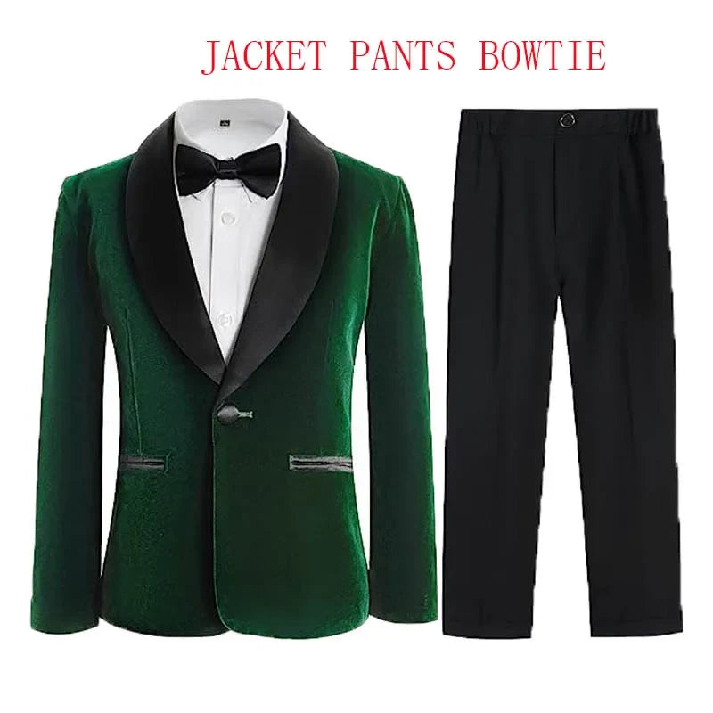Flower Boys Velvet Jacket Pants Bowtie 3PCS Photograph Suit Kids 1Year Birthday Dress Children Wedding Performance Evening Set