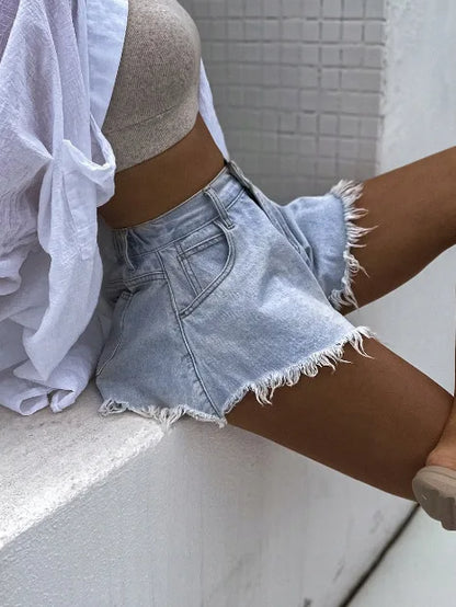 2026 New Umbrella Denim Shorts Women High Waist Blue Tassel Jean Booty Shorts