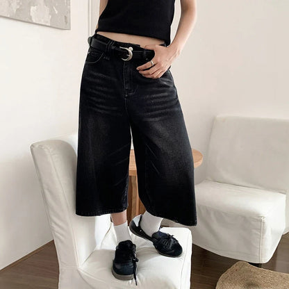 2026 Y2k Retro Women Low Rise Jorts Brushed Black Wash Cropped Baggy Jeans Wide Leg Frayed Denim Short Pants Fashion