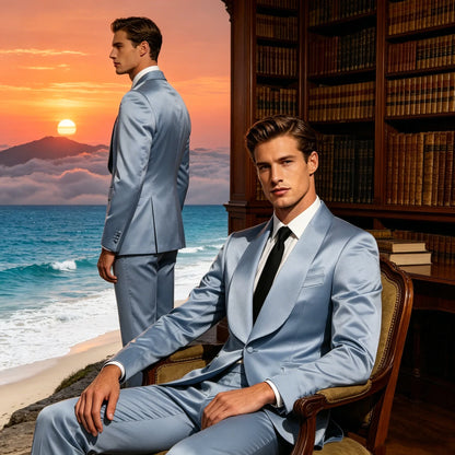 Luxury Men's Satin Tuxedo Suit Shawl Lapel Slim Fit 2-Piece Blazer & Pants Set Formal Business Casual Jacket Coat for Wedding