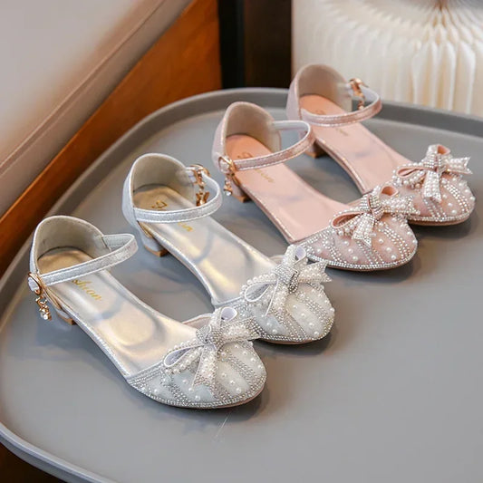 Girls' Bow Sandals Fashion Princess Shoes for Party Wedding 2025 Summer New Kids Rhinestone High Heels Children's Leather Shoes
