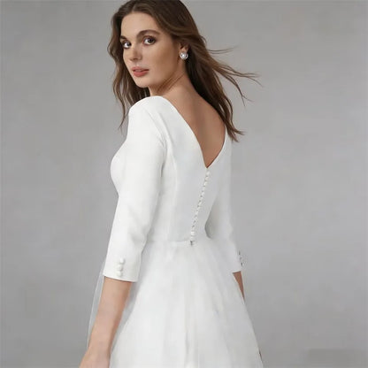Customized Boho Simple Satin Midi Wedding Dresses for Bride Tea Length 3/4 Sleeves Short Bridal Gowns A Line Vestido De Noiva