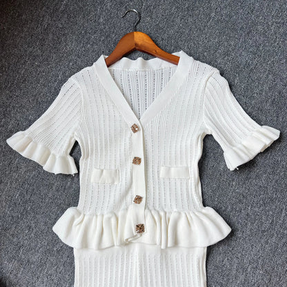 Brand Fashion One-piece Knitted Maxi Dress Women Elegant V-neck Ruffled Slim Waist Bodycon Sweater Dress Party Vestido