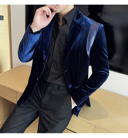 Leather Splicing Mercerized Velvet Suit Jacket 2025 Autumn New Men's High-end Business Slim Fit Fashion Party Tailcoat 4XL-M