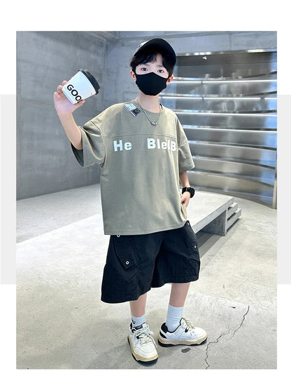 New Casual Boys Top and Bottom Clothes Set Summer Suit for Tween Children Clothing Kids Teenager Shorts Sleeve Tshirt Shorts Set