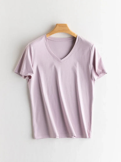 Women Solid T shirts, Silk Cotton Blend, O Neck, Short Sleeved Solid Tee,2025 Summer Candy Colors Basic Cozy Top Green