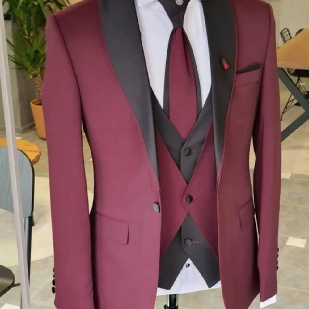 Men's Solid Slim Fit 3-Piece Business Suit Set with Blazer Vest And Pants for Wedding Party Luxury Fashion Tuxedo
