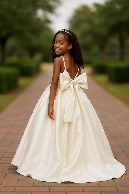 Long Ivory Satin Flower Girl Dresses for Wedding Bow Party Birthday Princess Dress Junior Bridesmaid First Holy Communion Gowns