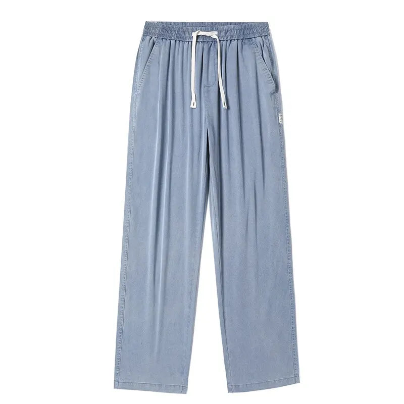 Summer Soft Lyocell Fabric Men's Jeans Thin Loose Straight Pants Drawstring Elastic Waist Korea Casual Trousers Plus Size M-5XL