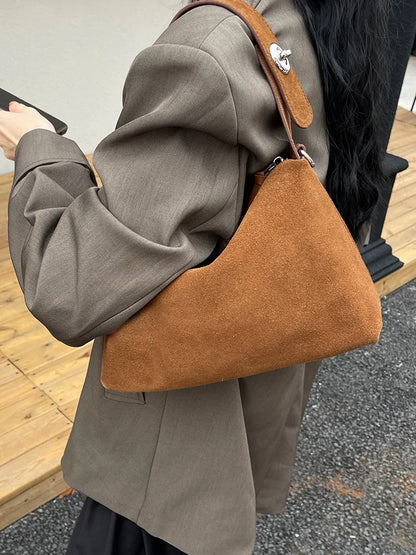 New Split Cow Leather Women's Faux Suede Bag Autumn Winter Underarm Bag for Lady Shoulder Crossbody Bag
