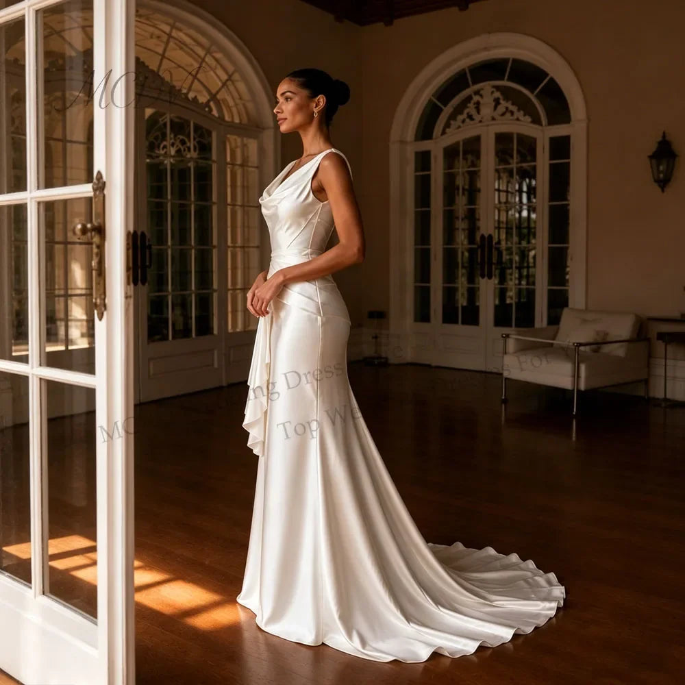 Simple Satin Wedding Dress 2026 Cowl Neck Mermaid Bridal Gown With Draped Sash Low Back Civil Wedding Reception Dress For Women