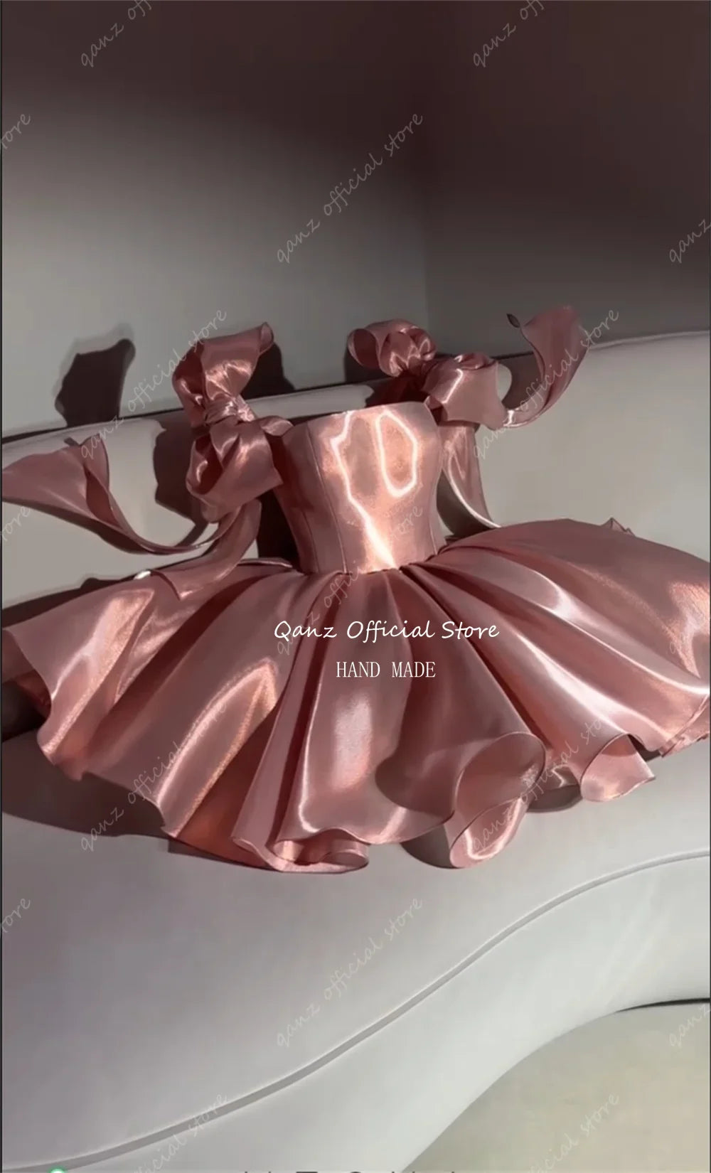 Pink Satin Prom Dresses Strapless Bow Satraps Short Birthday Dress Woman Sexy Lace Up Back платье на выпускной Customized