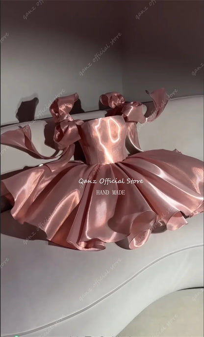 Pink Satin Prom Dresses Strapless Bow Satraps Short Birthday Dress Woman Sexy Lace Up Back платье на выпускной Customized
