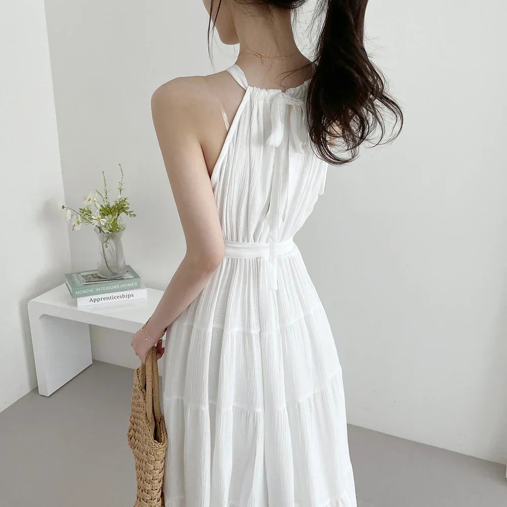 Korean Style Summer Slimming Necktie Waist Cinched Sleeveless Vest Long Dress Women's Fashionable Commute Style Inner Wear