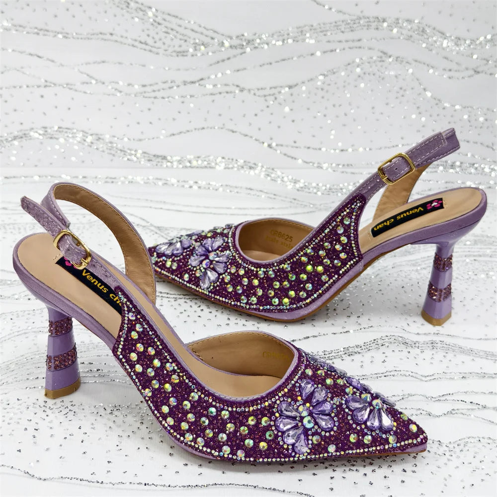 2025 Women's Purple High Heel Party Shoes & Rhinestone Handbag Set - Italian Design for Weddings & Special Occasions