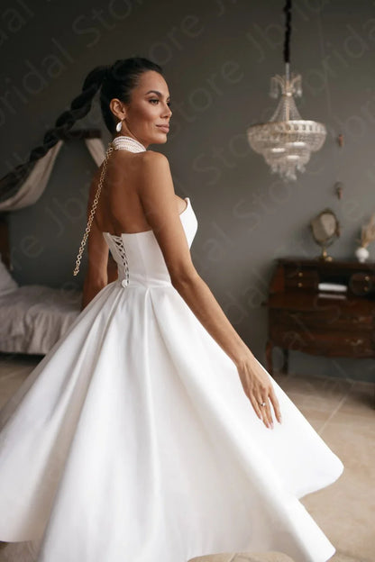 Modern Simple Sleeveless Wedding Dresses Short Bride  Strapless Mid Calf Length Bridal Gowns Lace Up Back 2023 On Sale