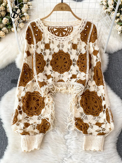 Hook Flower Hollow Out Tops Women Long Lantern Sleeves Tassels Vintage Bohemian Loose Beachwear Hotsweet Knit Blouse