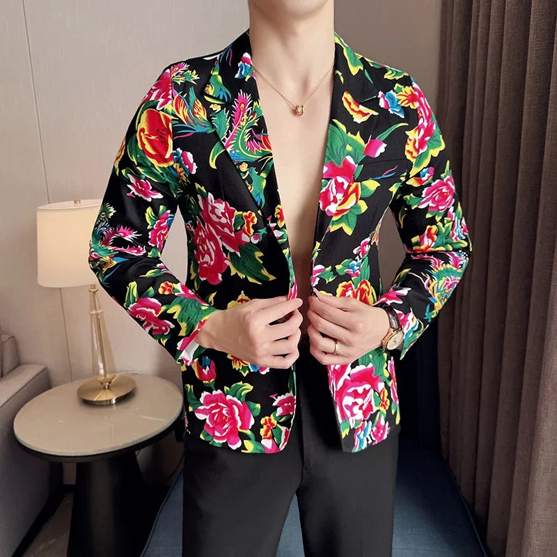 2026 Thin Men's Black Printed Suit Jacket, Asian Size V-Neck Single Button Blazer, Red Nostalgic Style Long Sleeve Cotton Coat.