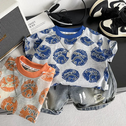 New Toddler Summer Baby Boys Clothes Children Circular Smiley Face T-Shirt +Denim Shorts 2Pcs/Set Infant Kids Fashion Tracksuits