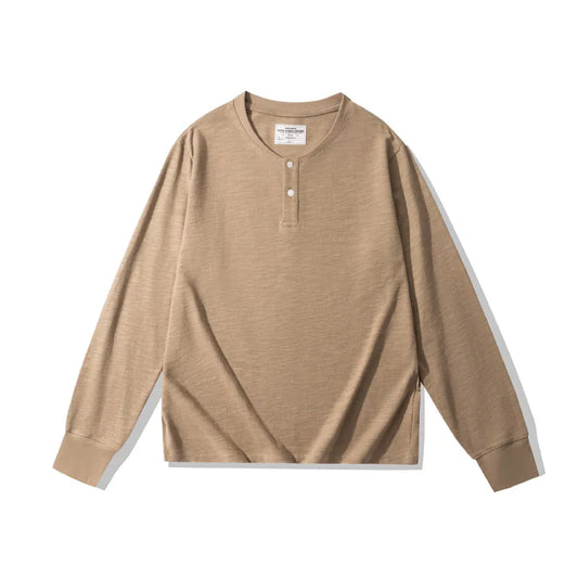 320g Slub Cotton Henley Shirt Vintage Casual Style Men's Long Sleeve T-Shirt Fall Basic Layer Tee Solid Color