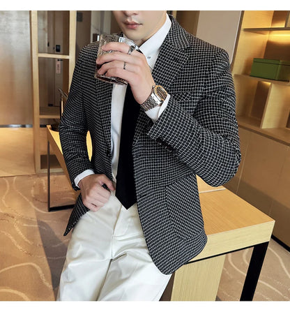 British Style Plaid Suit Jacket For Men 2025 New Business Casual Slim Blazer Formal Wedding Party Suit Dress Coats Men Clothing