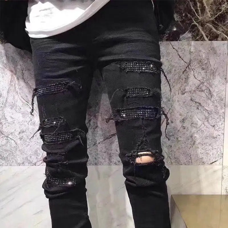 Korean Fashion Jeans Men's Black Ruffian Handsome Trendy Brand Hot Diamond Ripped Beggar Slim Spring Autumn Elastic Casual Pants